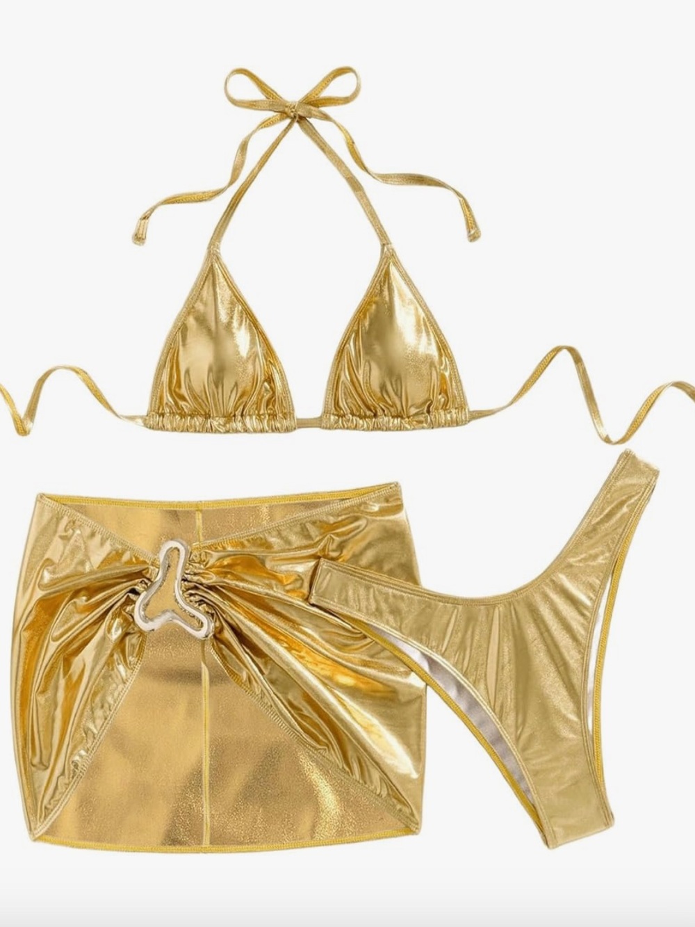 3 Piece Swimsuit Metallic Halter Triangle Bikini Set with Cover Up Beach Skirt